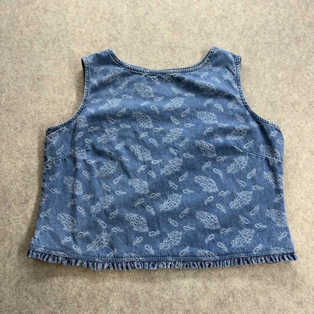 Vintage 90s Women's Large Denim Top Sleeveless Boho Floral Patterned Embroidered